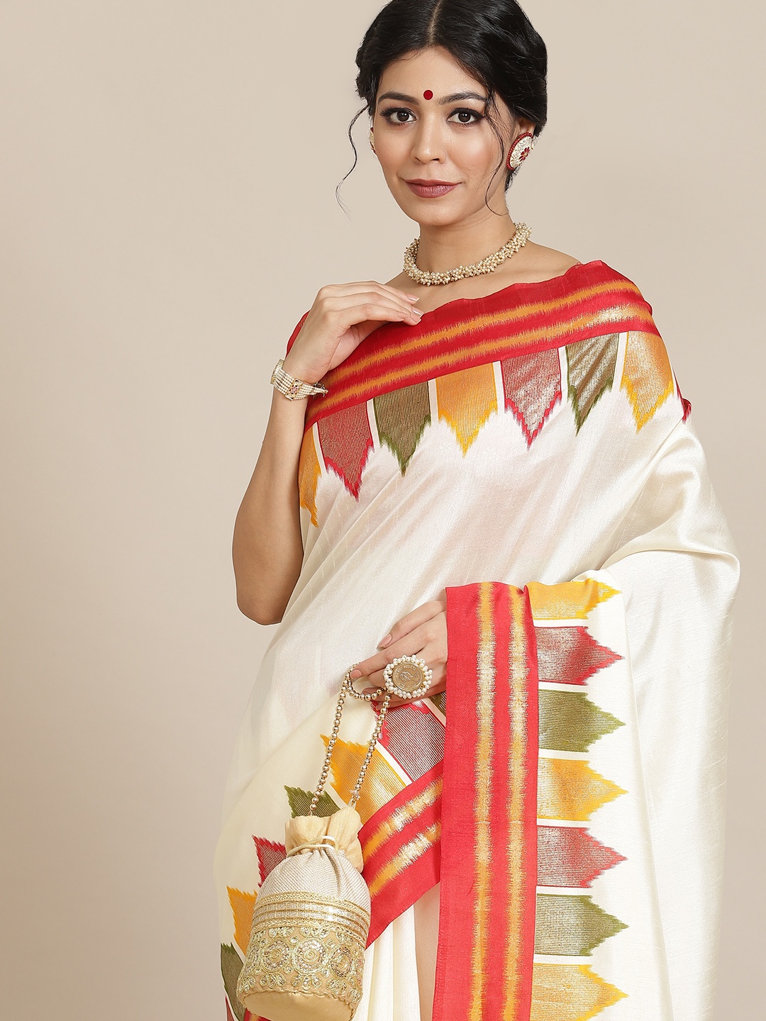 

Saree mall Off White & Red Silk Blend Sarees