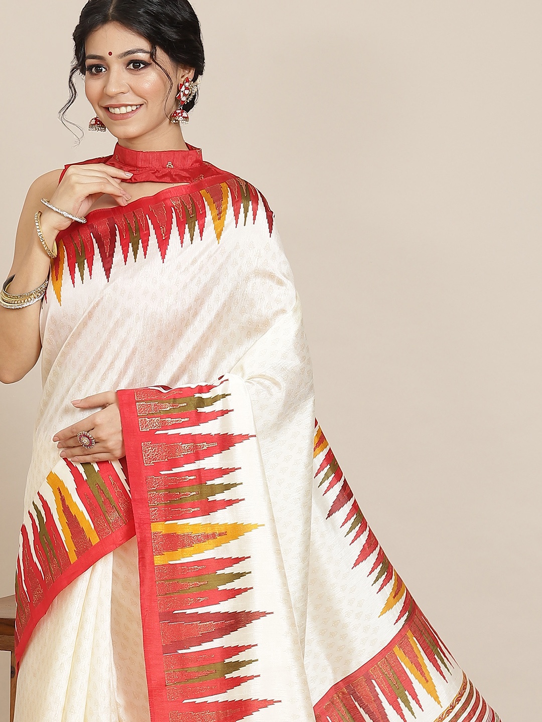 

Saree mall Off White & Red Silk Blend Sarees