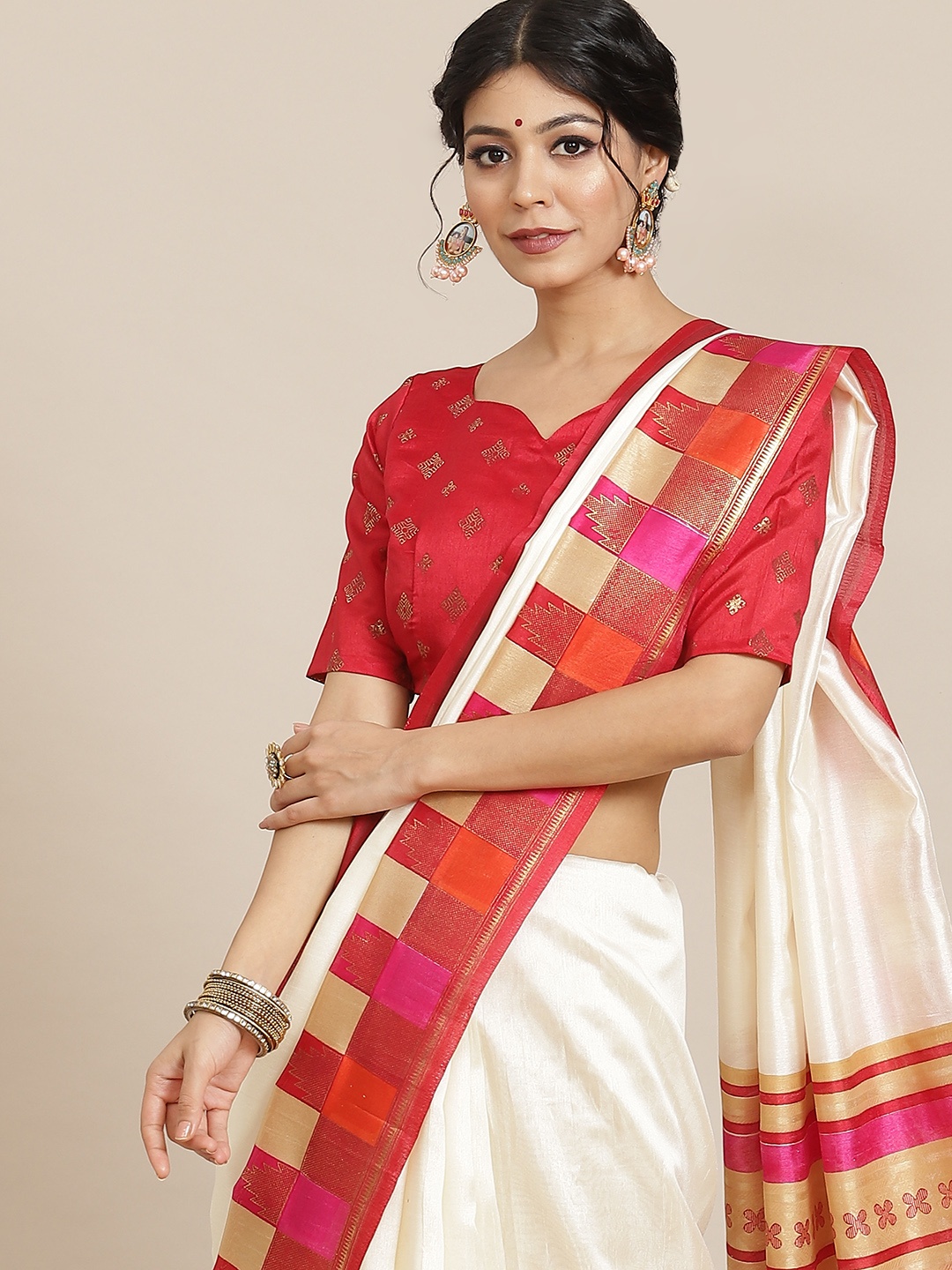 

Saree mall Off White & Red Silk Blend Sarees