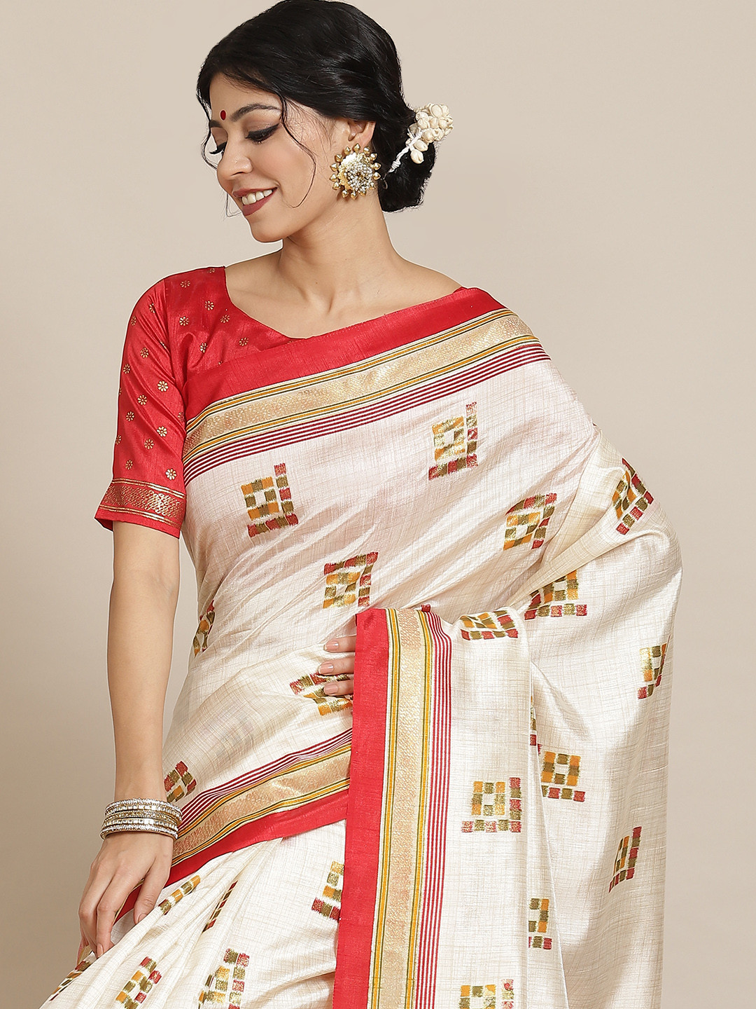 

Saree mall Off White & Red Silk Blend Sarees