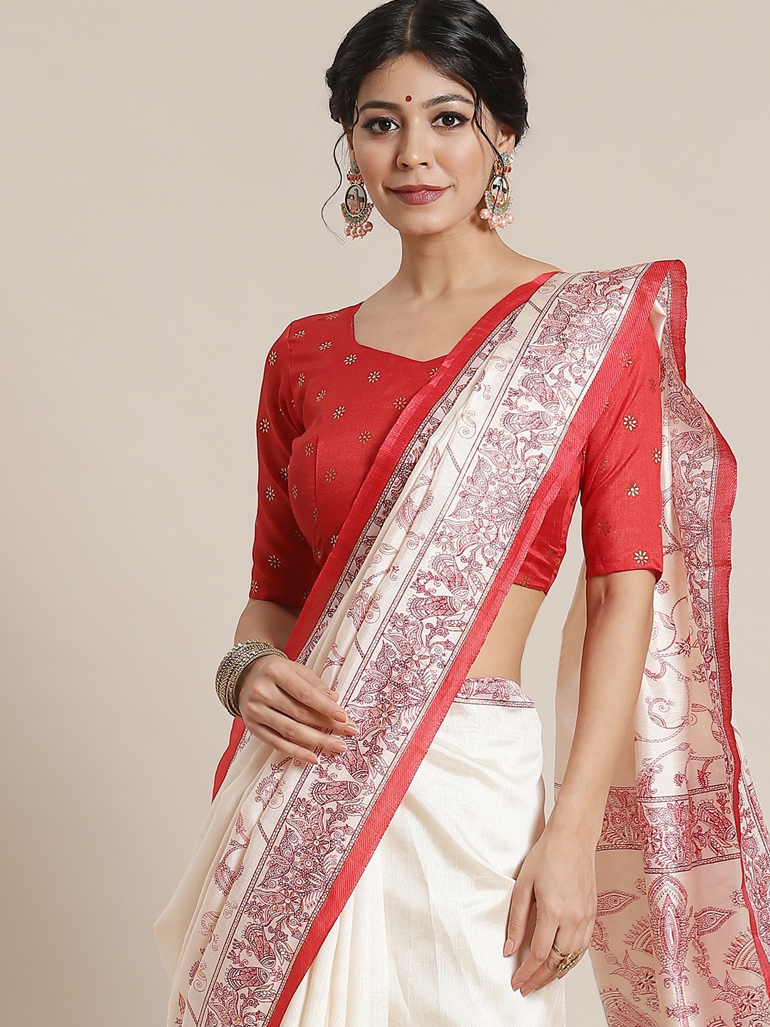 

Saree mall Off White & Red Ethnic Motifs Silk Blend Sarees