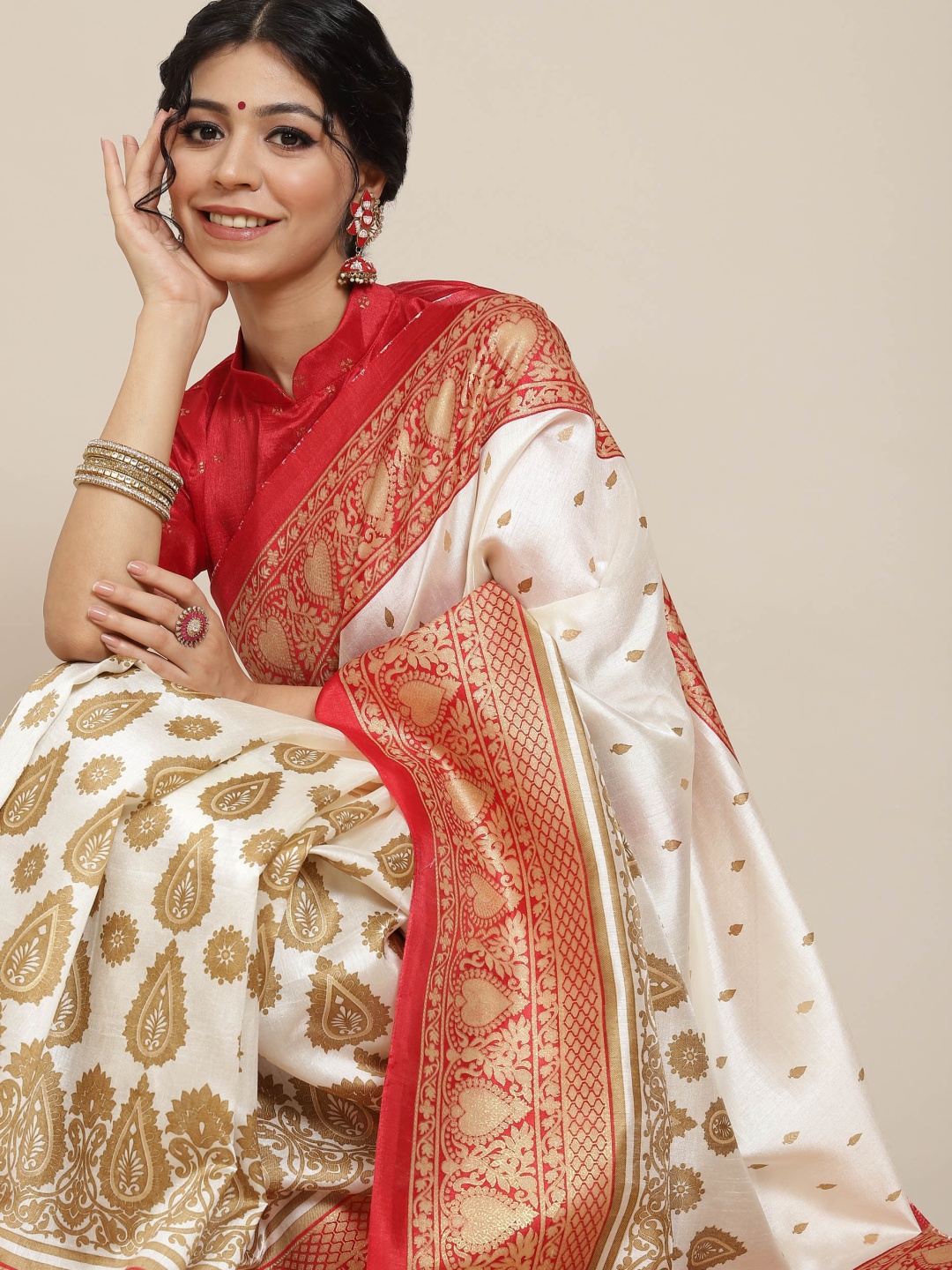 

Saree mall Off White & Red Ethnic Motifs Silk Blend Sarees