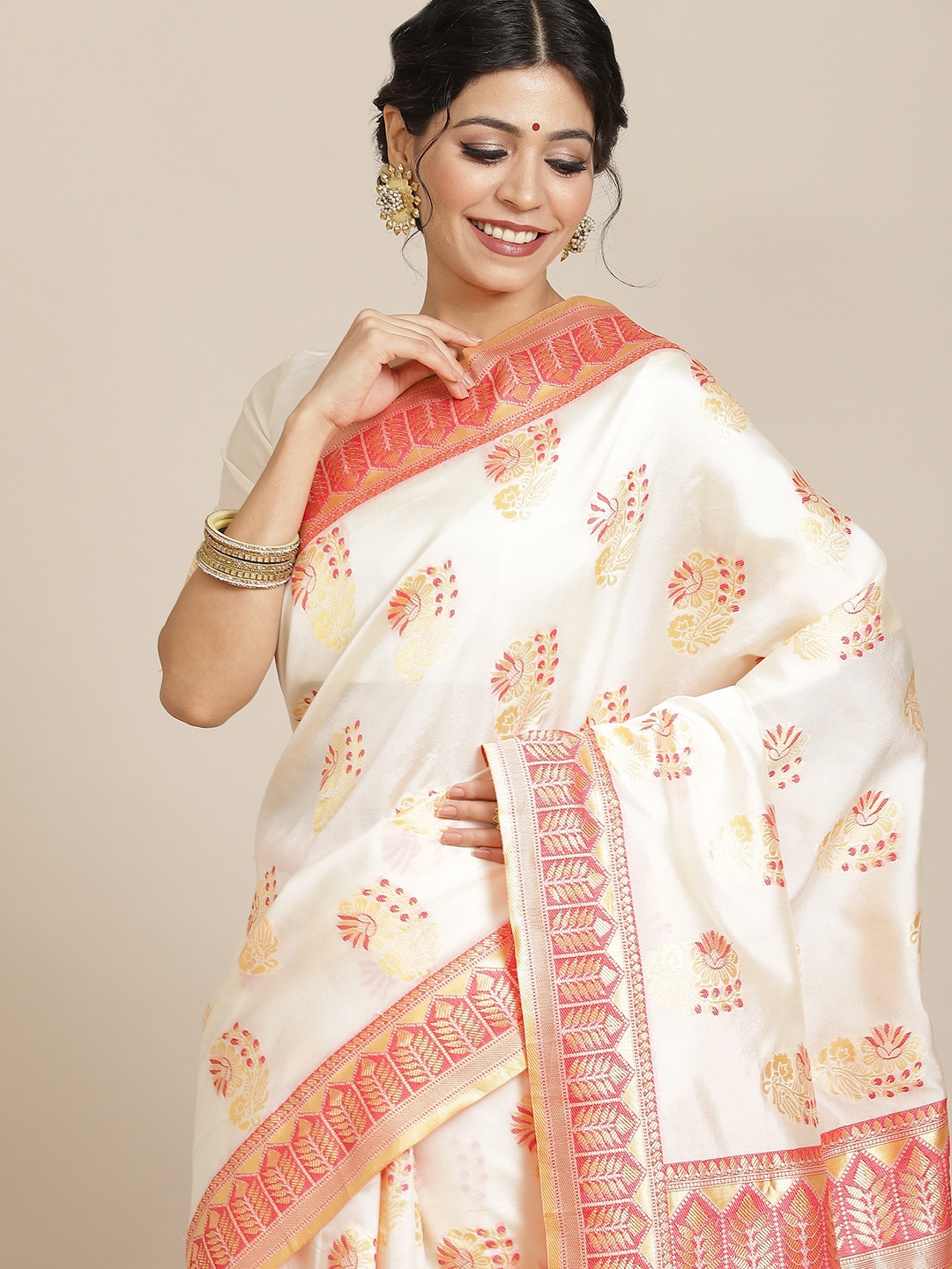 

Saree mall Cream-Coloured & Red Ethnic Motifs Silk Blend Sarees