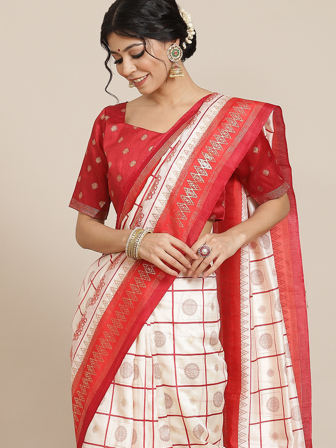 

Saree mall Off White & Red Checked Silk Blend Sarees
