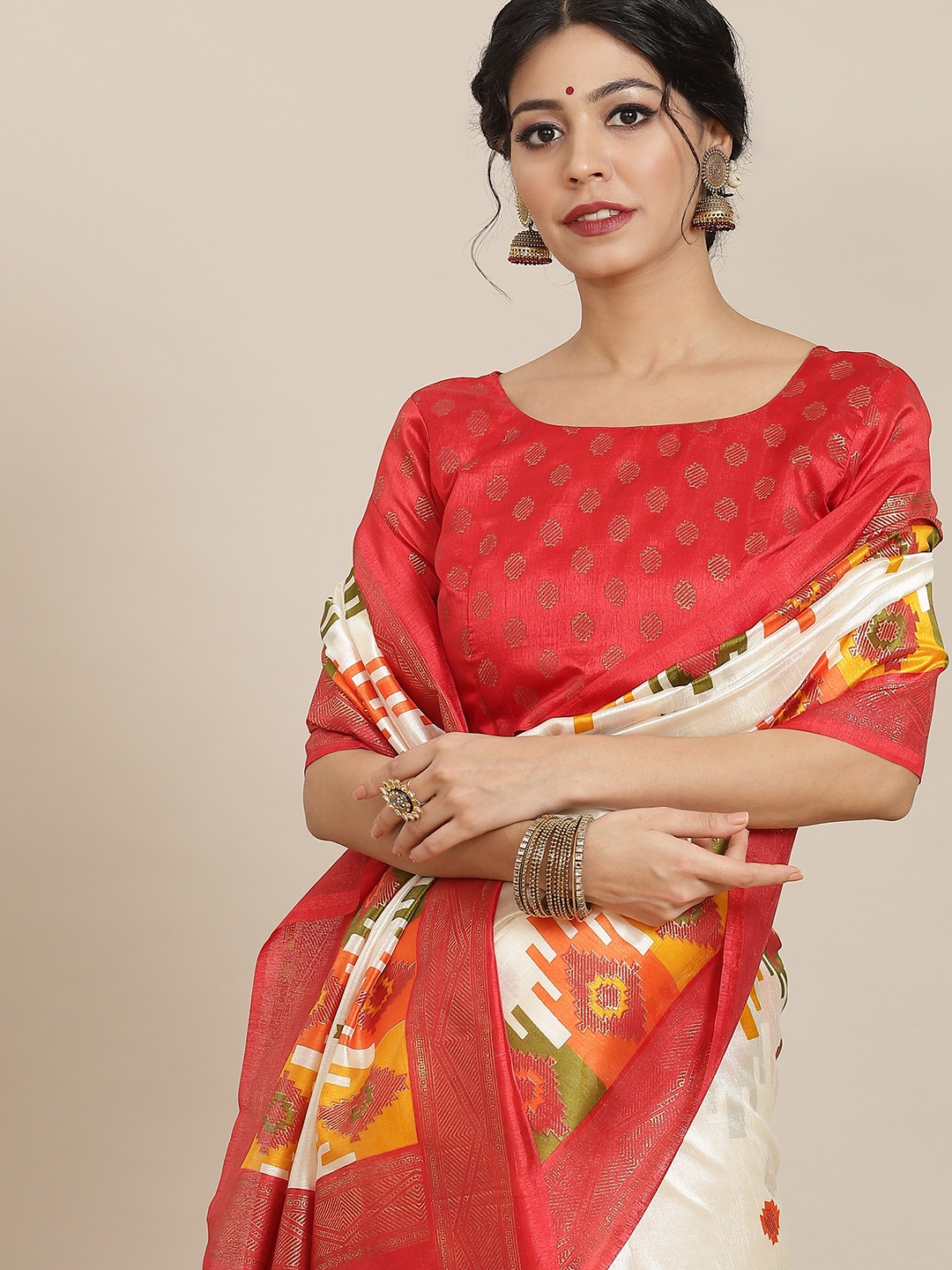 

Saree mall Off White & Red Silk Blend Sarees