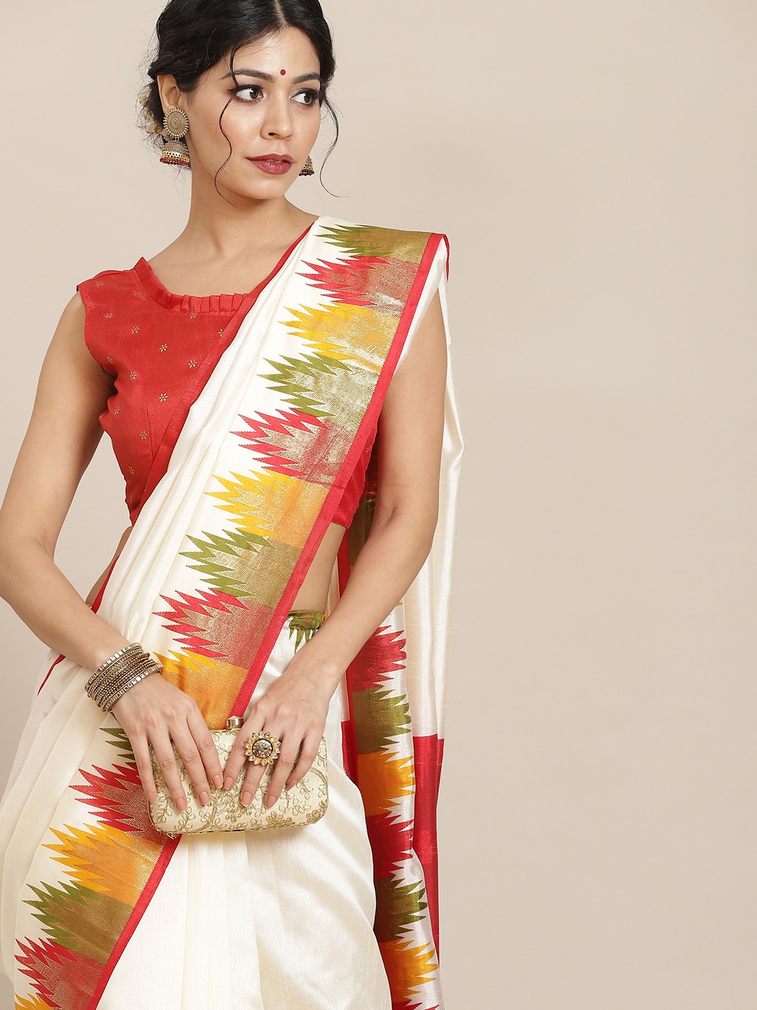 

Saree mall Off White & Red Silk Blend Sarees