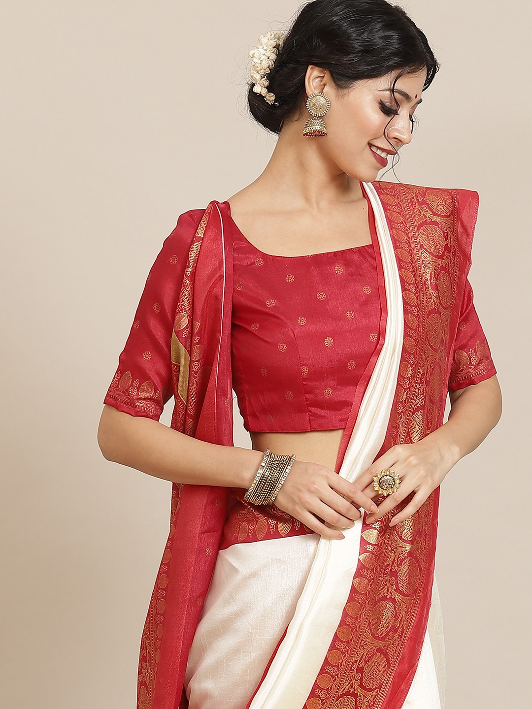 

Saree mall Off White & Red Silk Blend Sarees