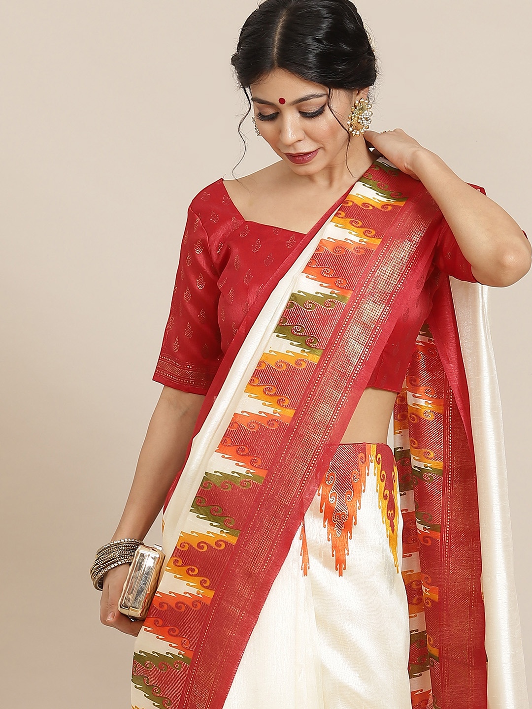 

Saree mall Off White & Red Silk Blend Sarees