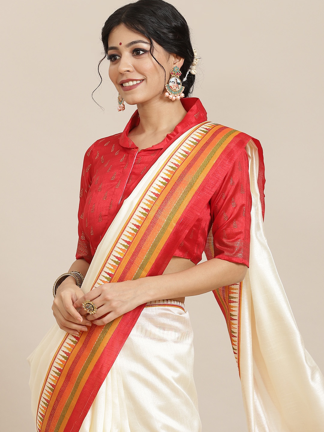 

Saree mall Off White & Red Silk Blend Sarees