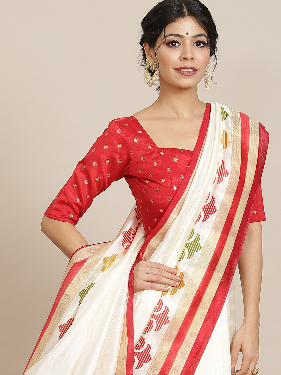

Saree mall Off White & Red Ethnic Motifs Silk Blend Sarees