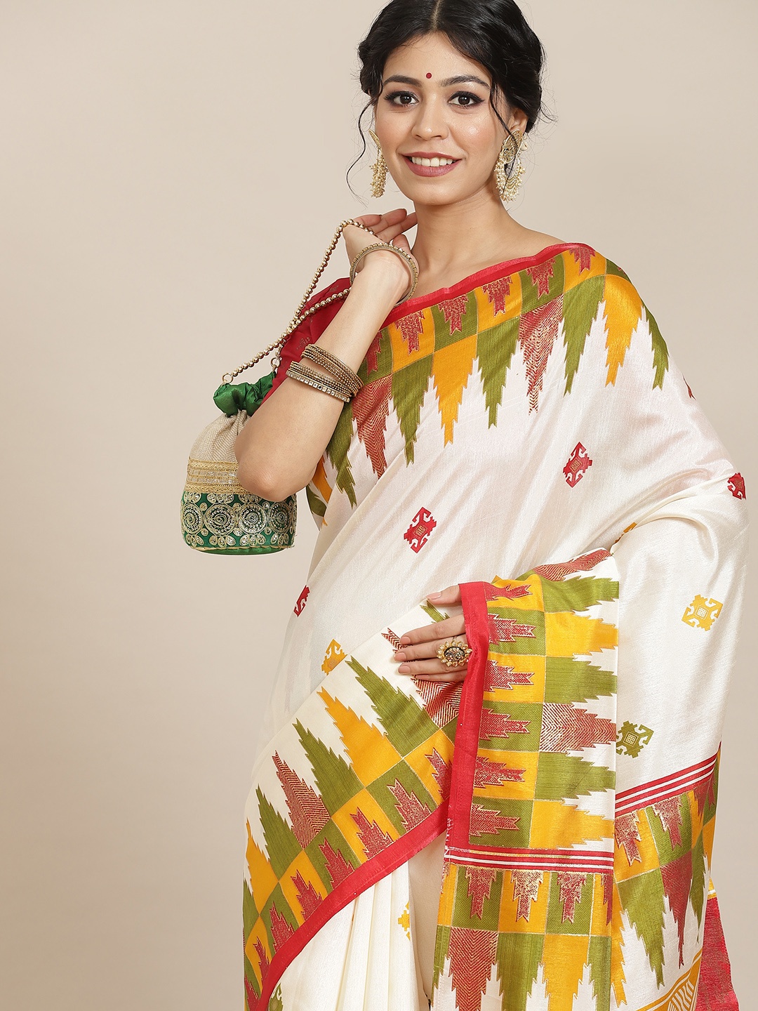 

Saree mall Off White & Red Silk Blend Sarees