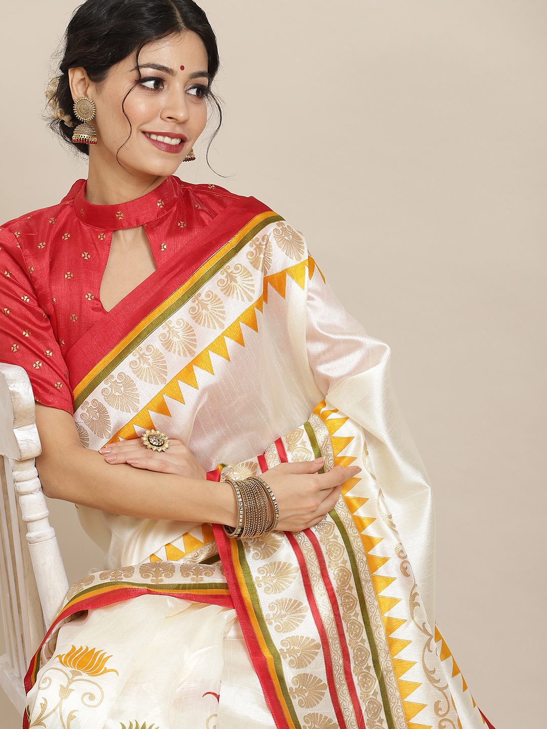 

Saree mall Off White & Red Ethnic Motifs Silk Blend Sarees