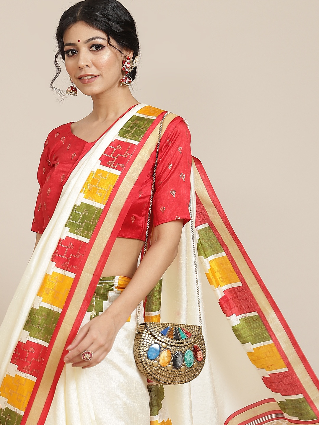 

Saree mall Off White & Red Silk Blend Sarees