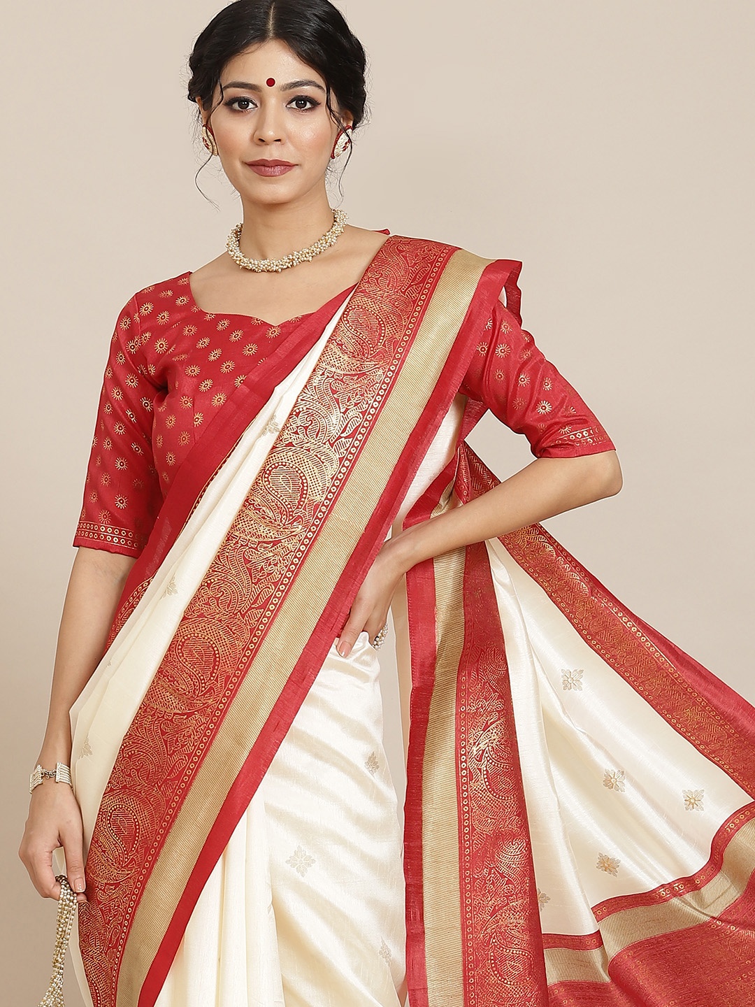 

Saree mall Off White & Red Ethnic Motifs Silk Blend Sarees