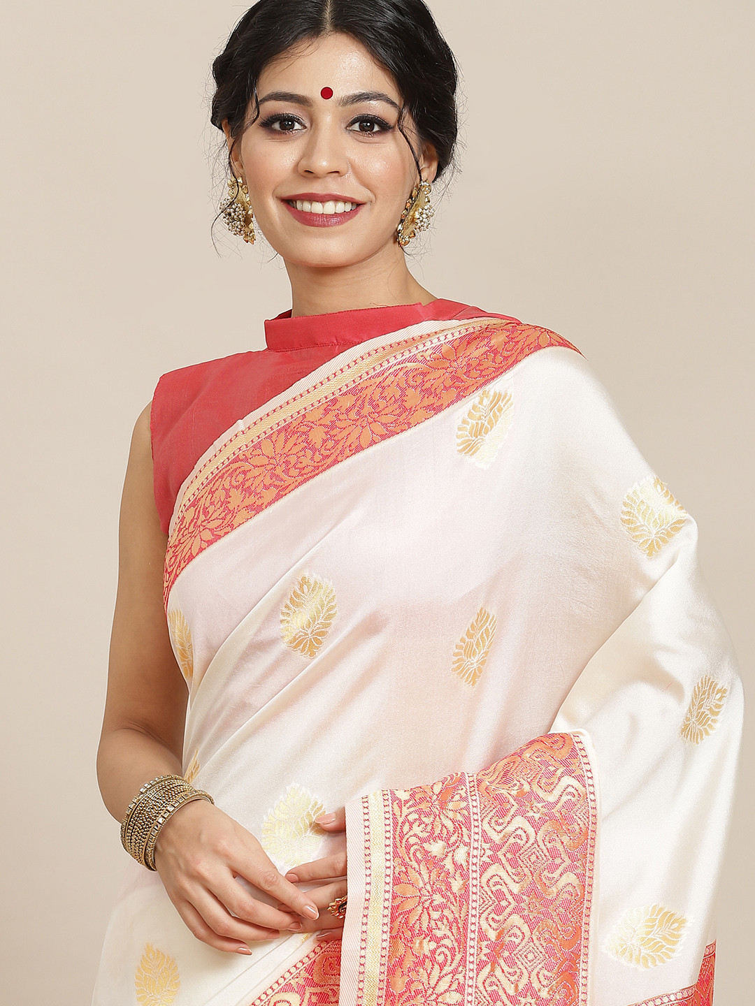 

Saree mall Cream-Coloured & Red Ethnic Motifs Silk Blend Sarees