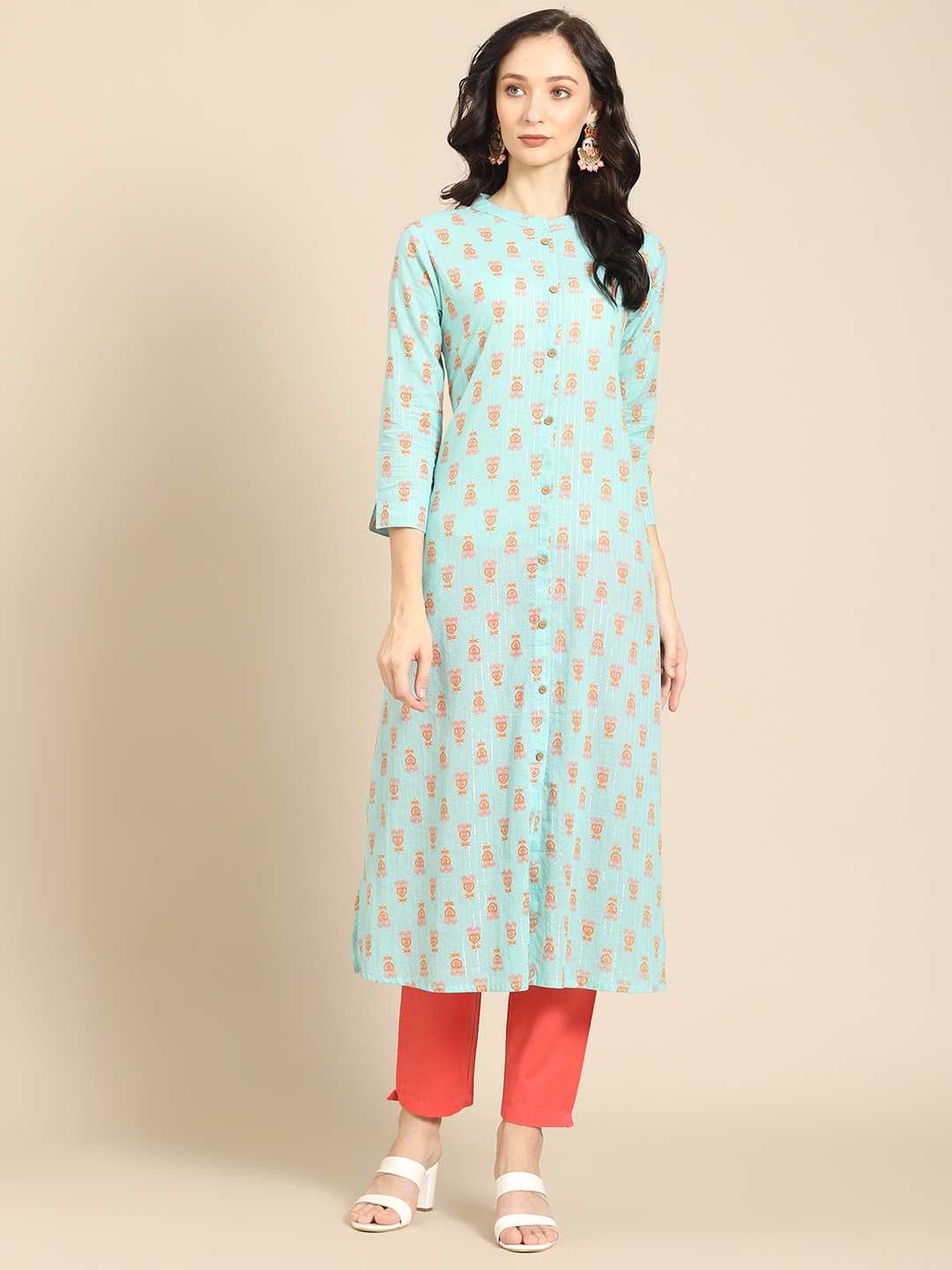 

Prakrti Women Sea Green & Orange Floral Printed Floral Kurta