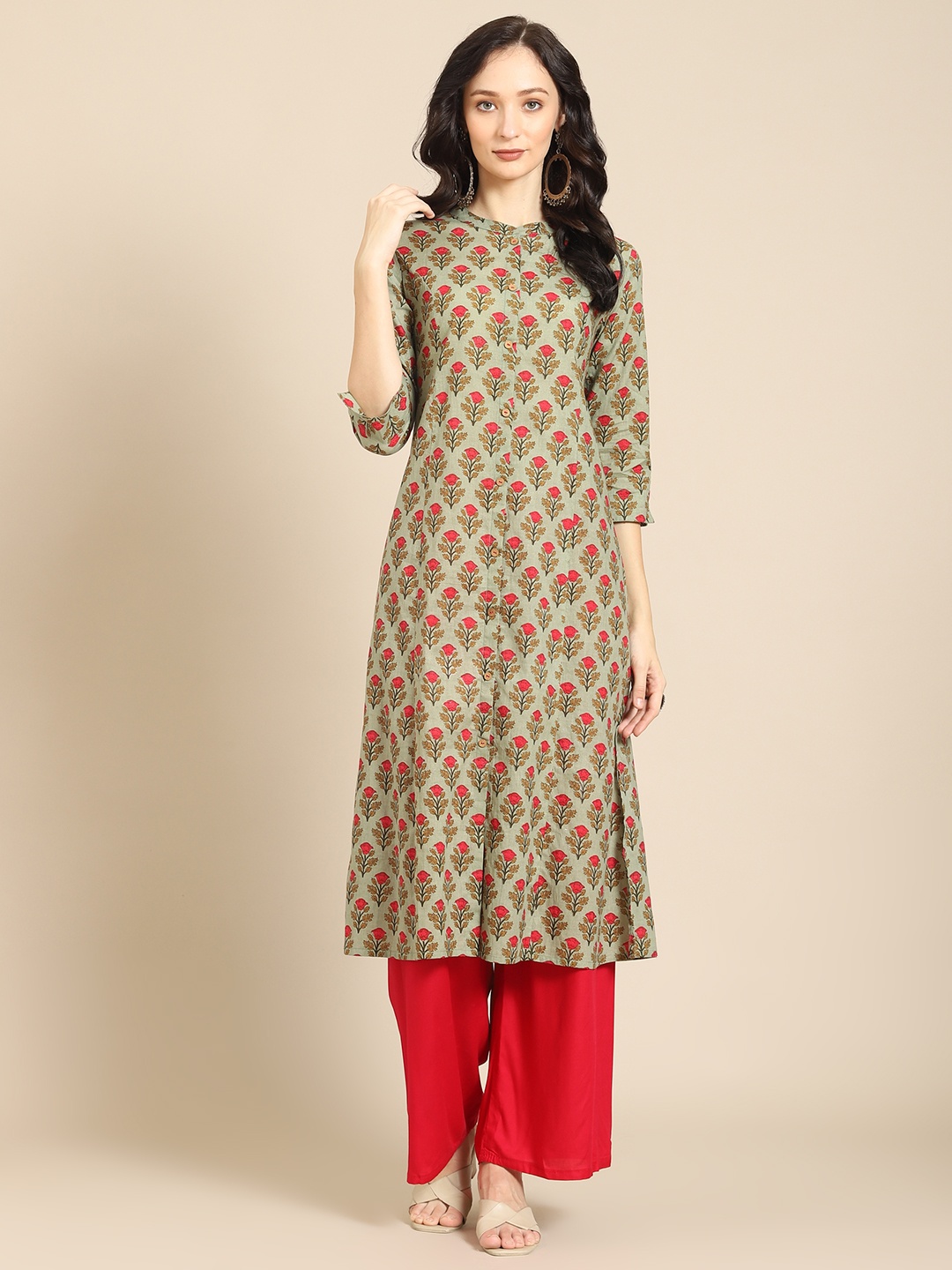 

Prakrti Women Green & Pink Floral Printed Kurta