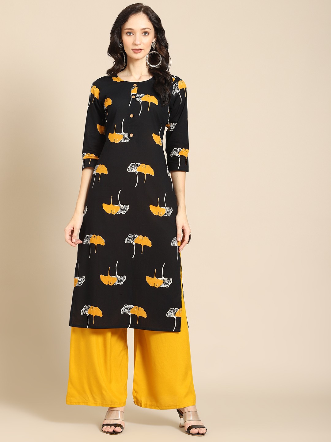 

Prakrti Women Black & Mustard Yellow Floral Printed Kurta