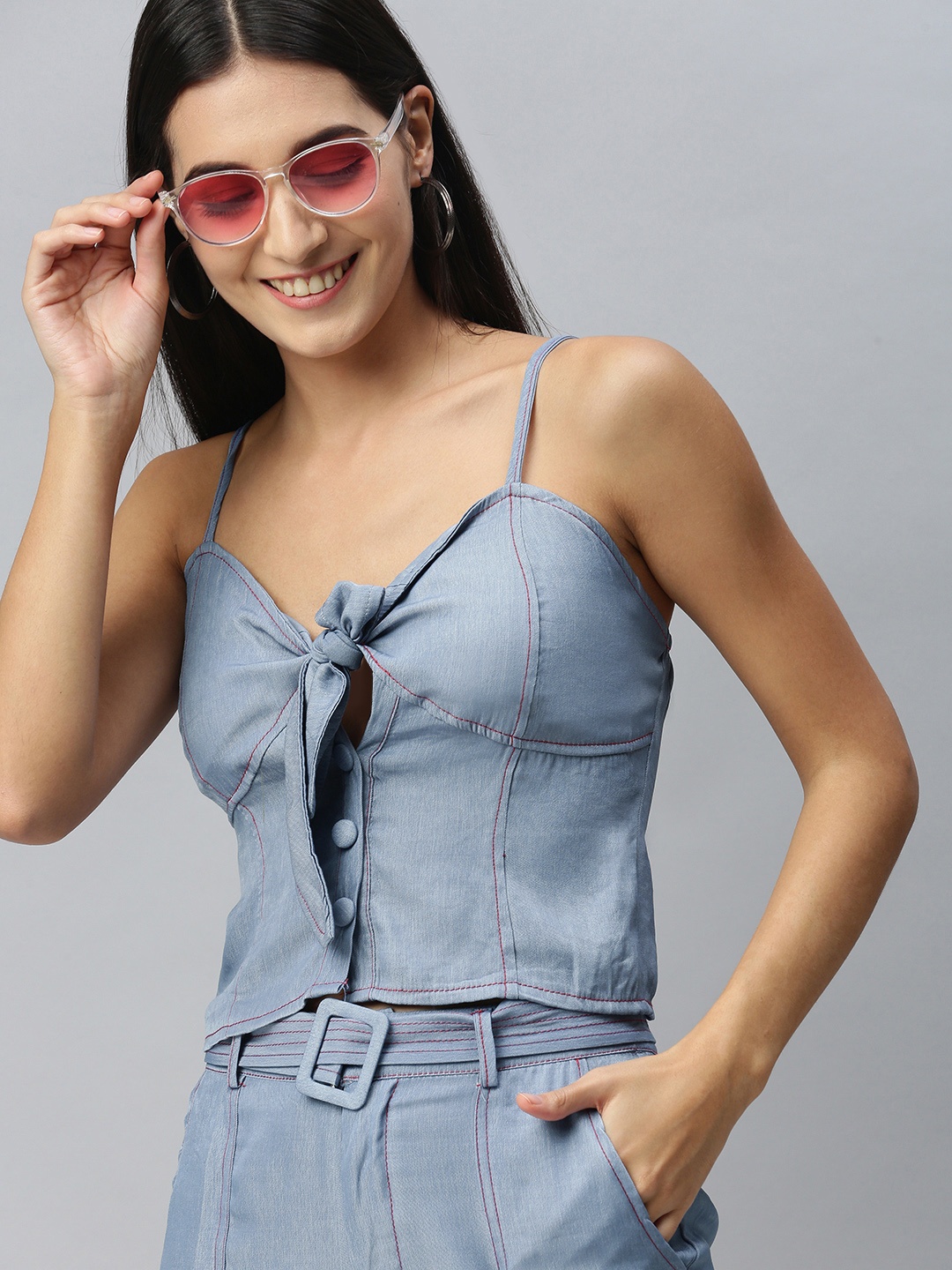 

London Rag Blue Tie-Up Neck Tank Crop Top