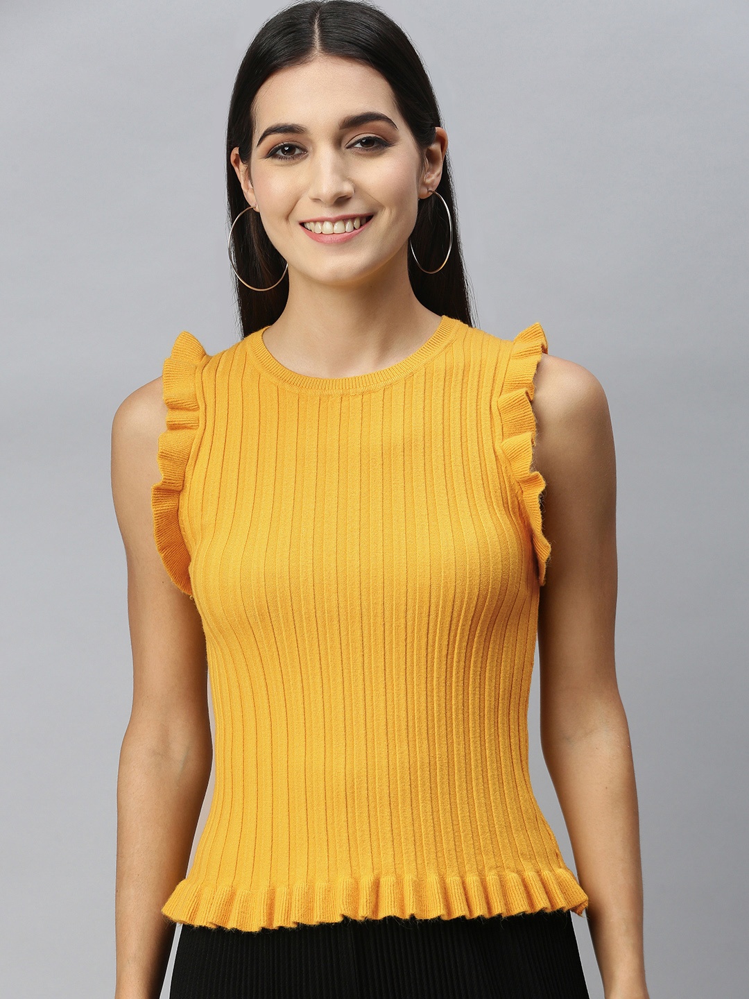 

London Rag Mustard Yellow Sleeveless Knitted Frill Top