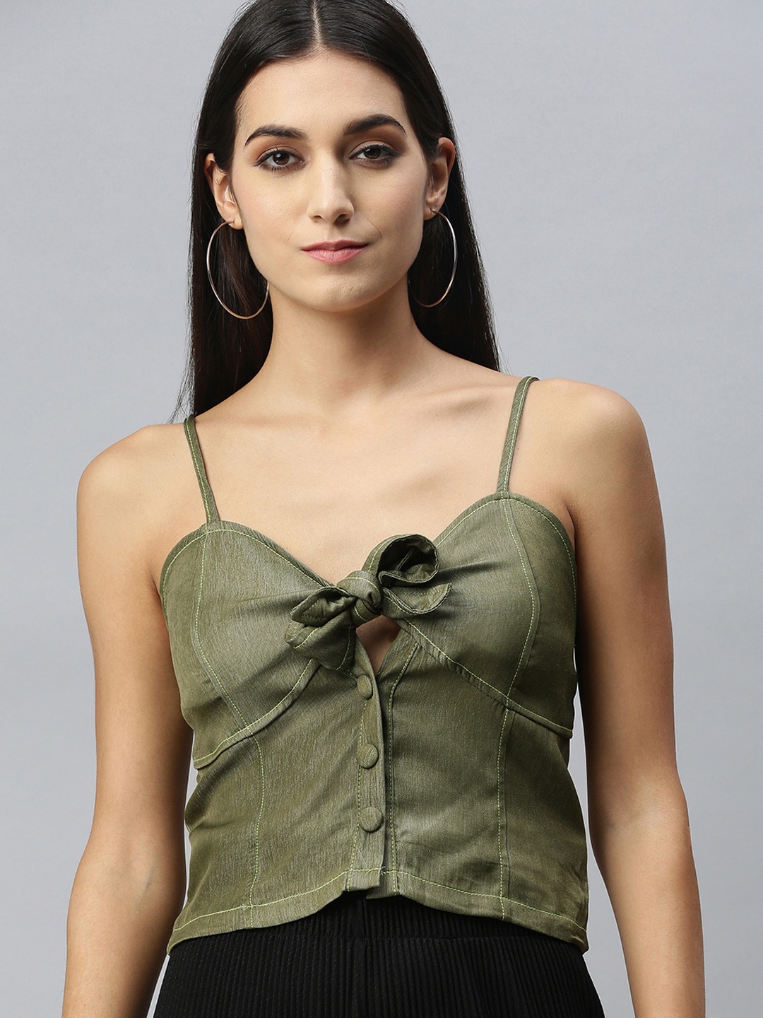 

London Rag Olive Green Denim Self Tie Cami Crop Top