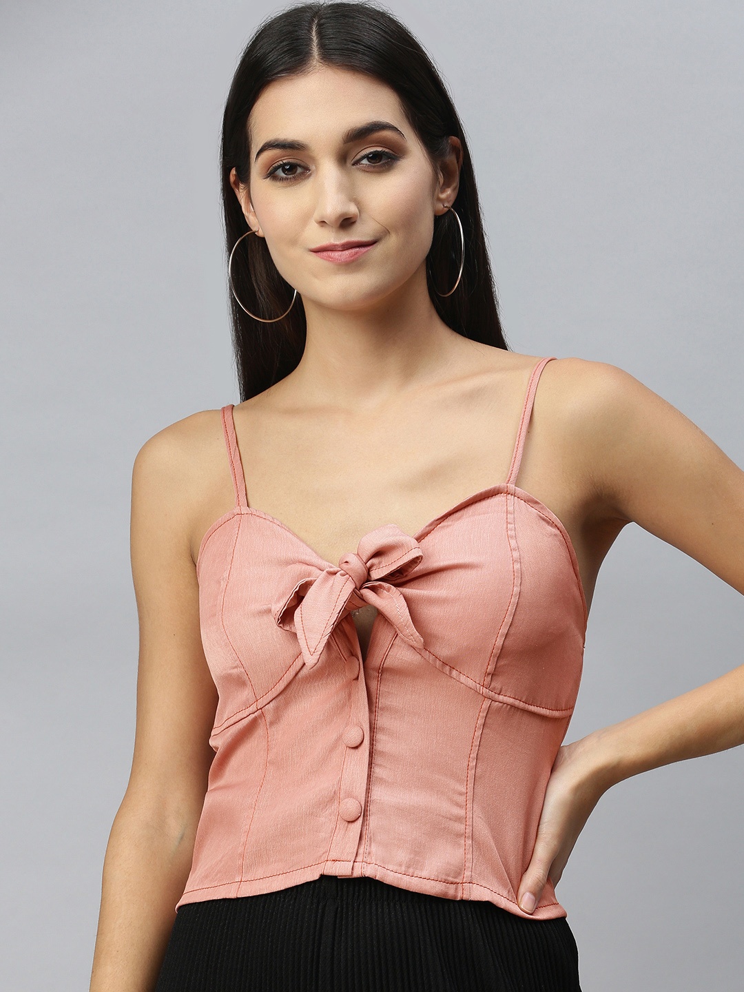 

London Rag Pink Tie-Up Neck Tank Crop Top