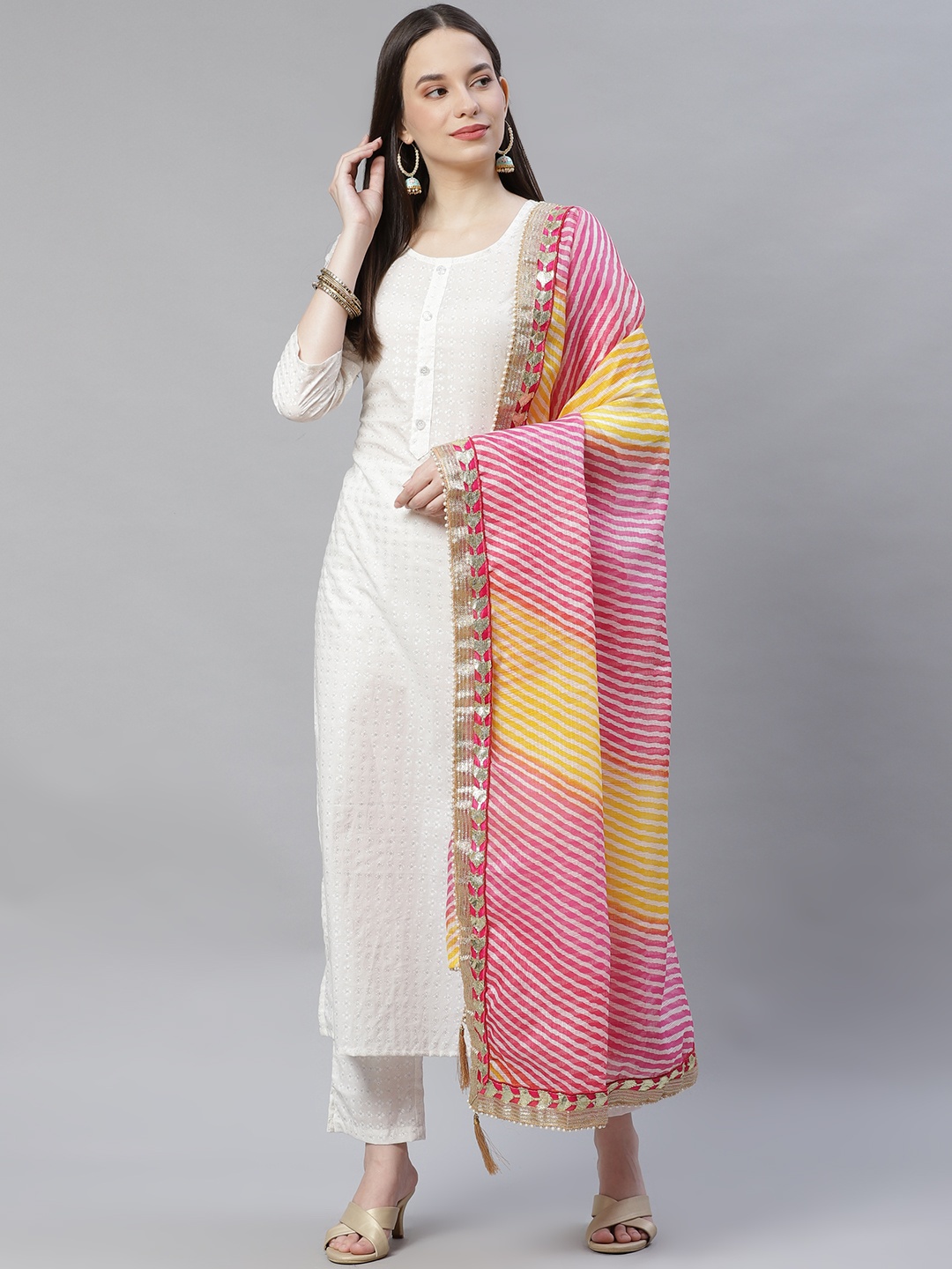 

mokshi Yellow & Pink Striped Pure Cotton Dupatta