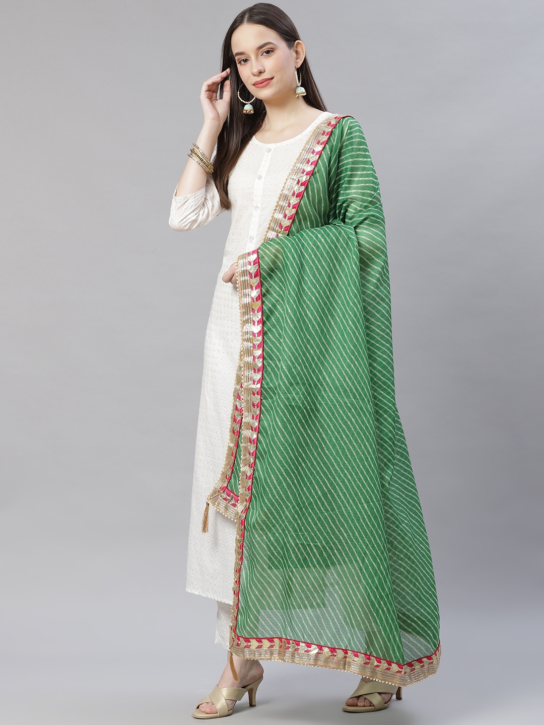 

mokshi Green Striped Pure Cotton Dupatta with Beads and Stones