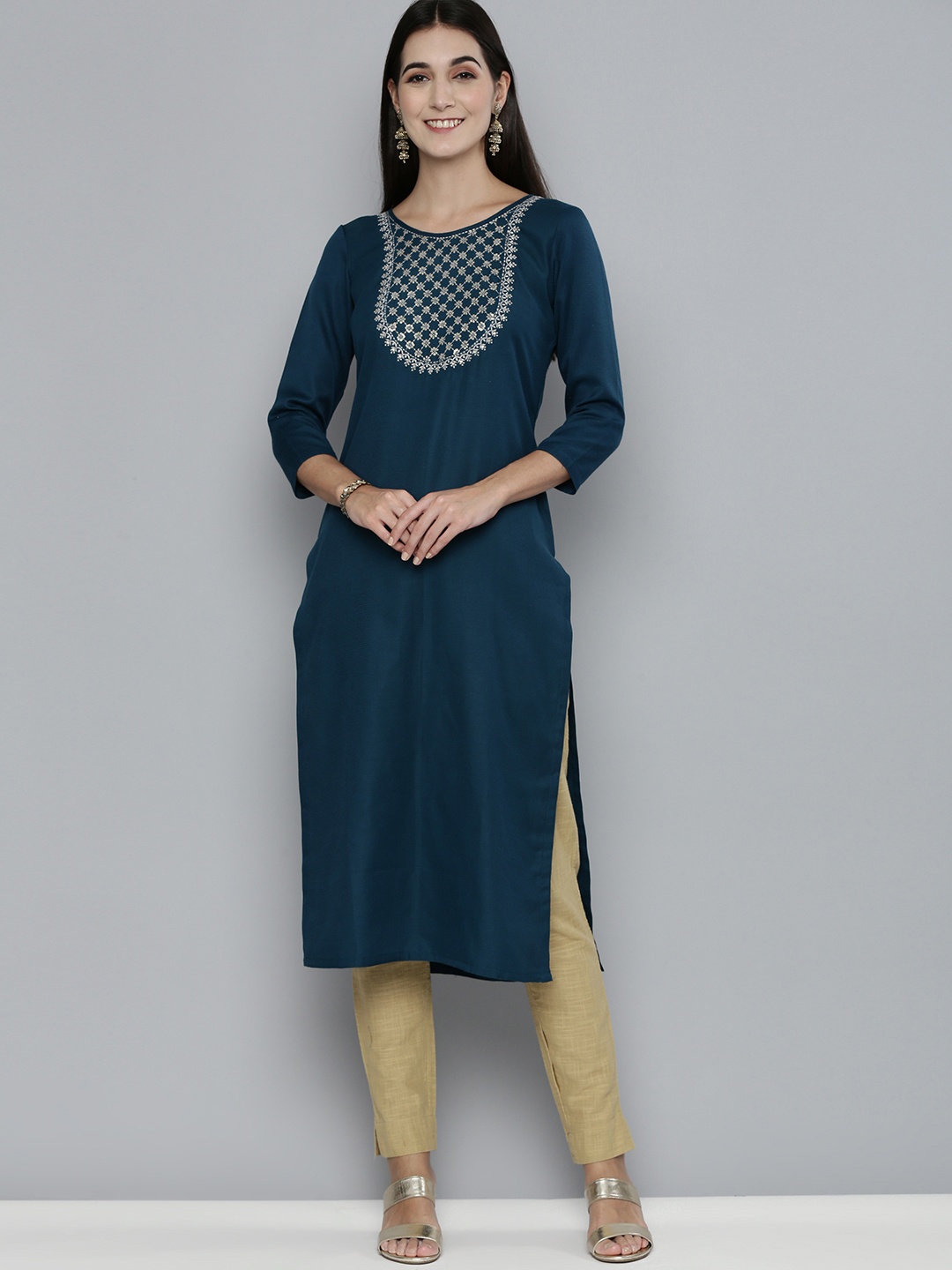 

Kvsfab Women Teal Embroidered Kurta