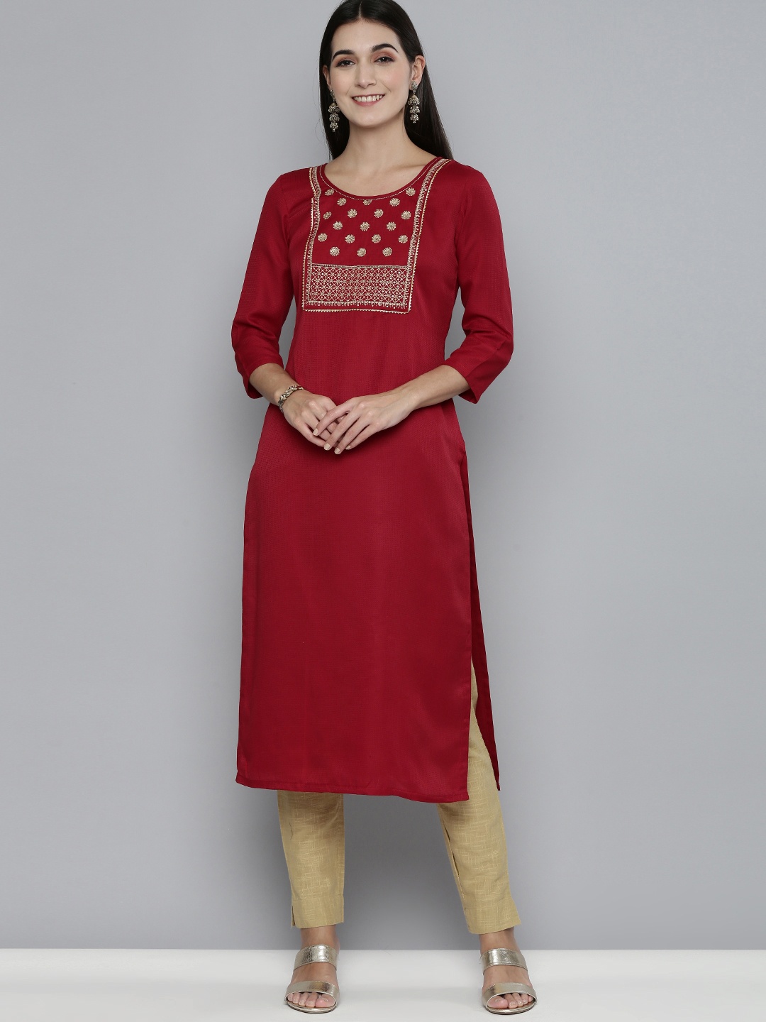 

Kvsfab Women Maroon Ethnic Motifs Yoke Design Thread Work Kurta