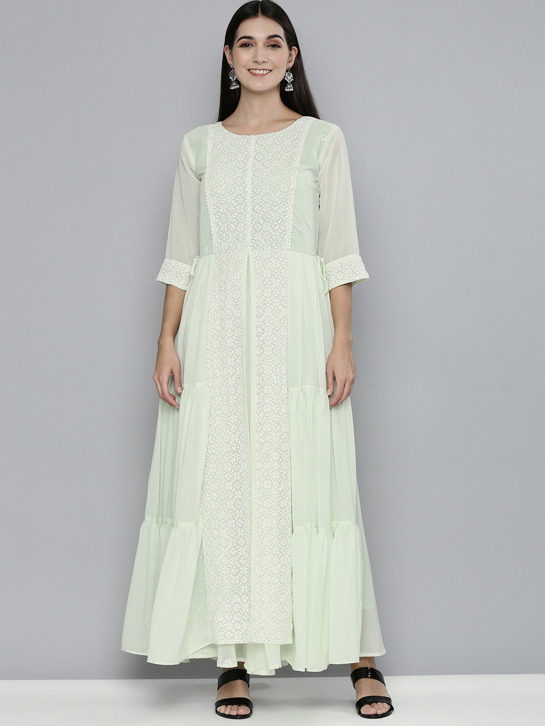 

Kvsfab Women Green & Off White Georgette Kurta