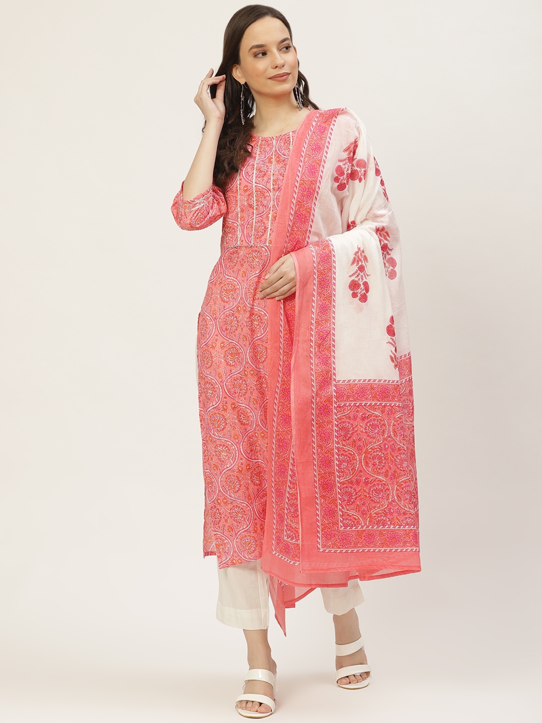 

Maaesa Women Pink Pure Cotton Floral Print Gotta Patti Kurta with Trousers & Dupatta