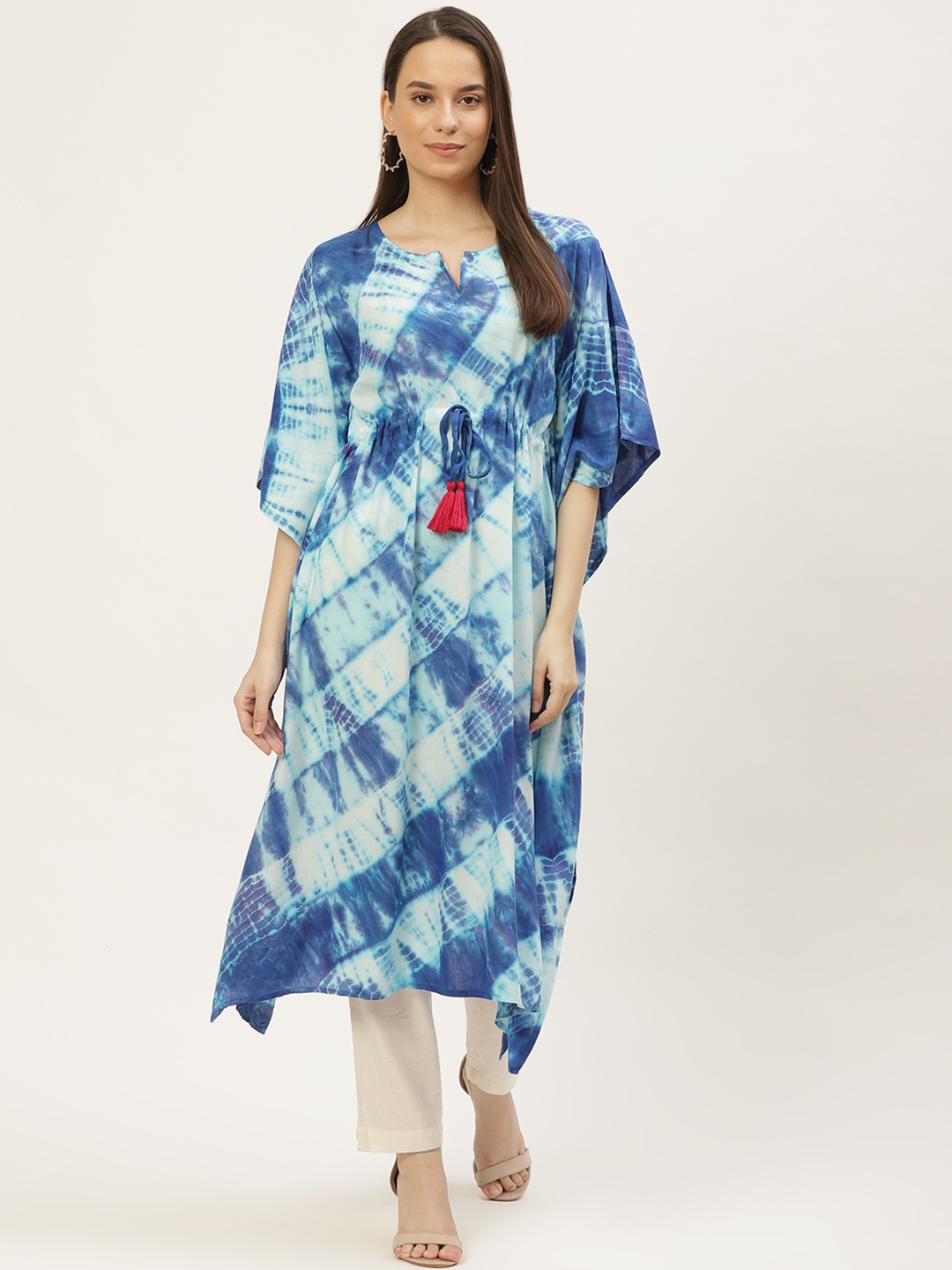 

Maaesa Women Blue & Off White Dyed Extended Sleeves Kaftan Kurta