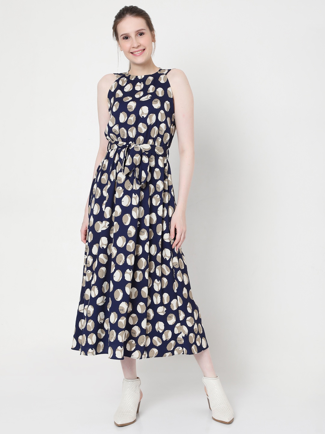

Vero Moda Navy Blue & Beige Pleated Printed Midi Dress