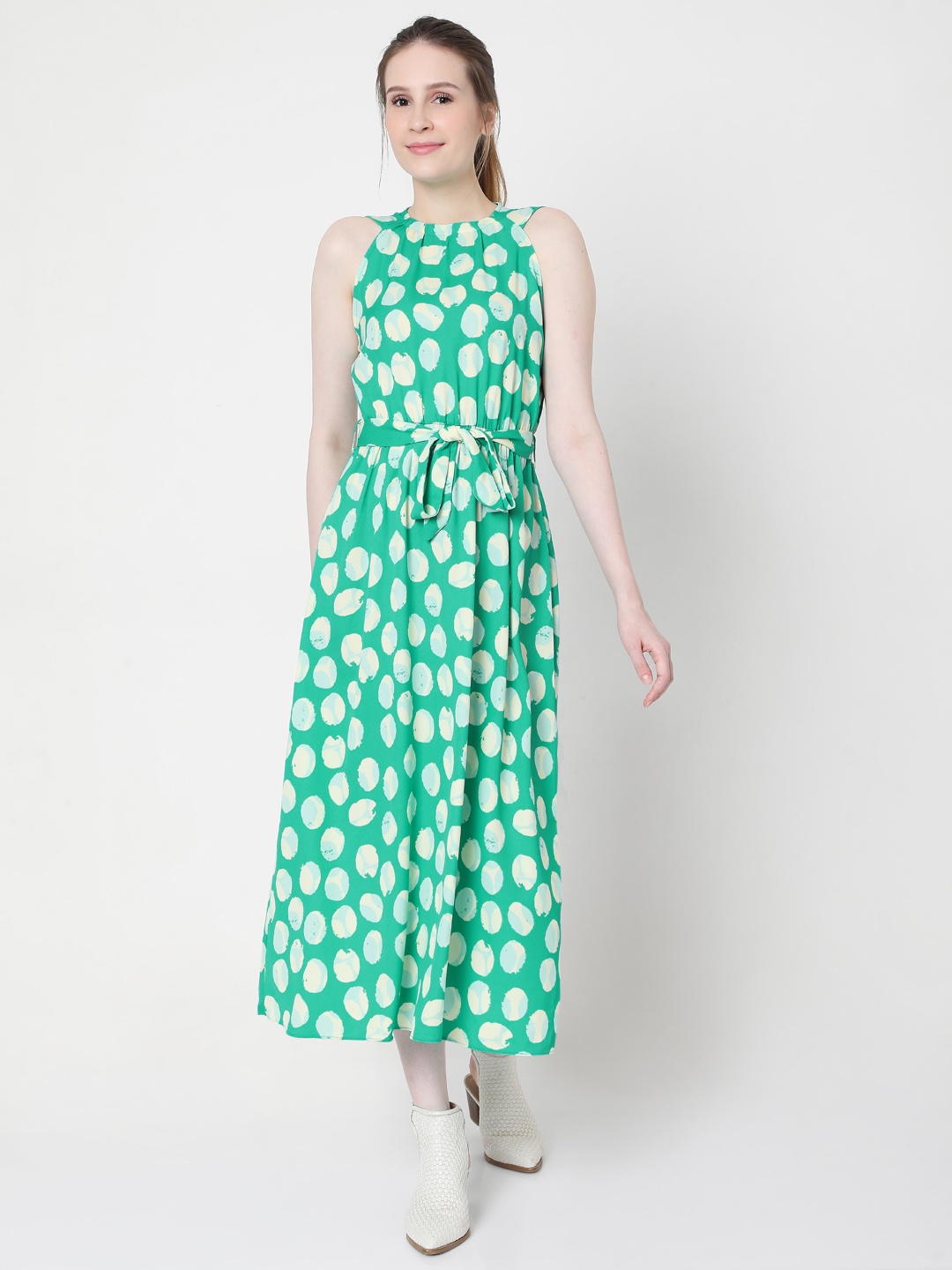 

Vero Moda Green & White VM DOTSY Printed Midi Dress With Tie-Up Details