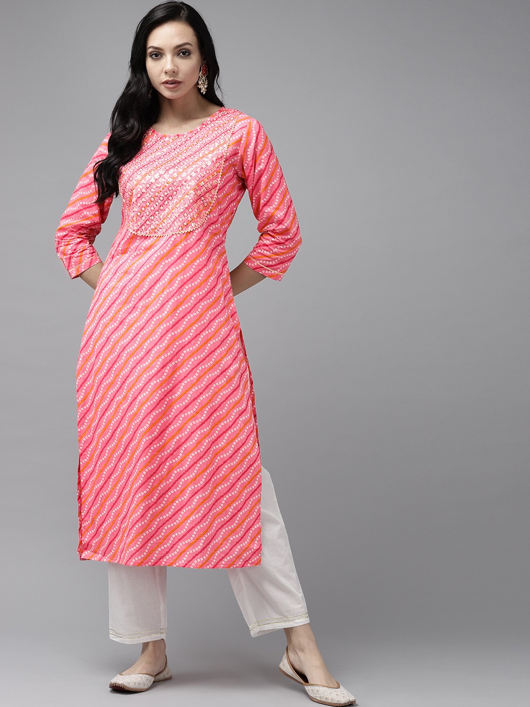 

Yufta Women Pink Bandhani Yoke Design Regular Sequinned Pure Cotton Kurta with Palazzos