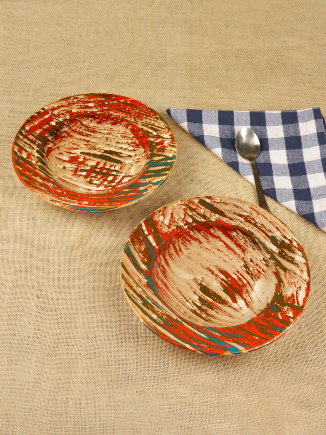 

StyleMyWay Red & Beige 2 Pieces Handcrafted & Hand Painted Printed Ceramic Glossy Plates