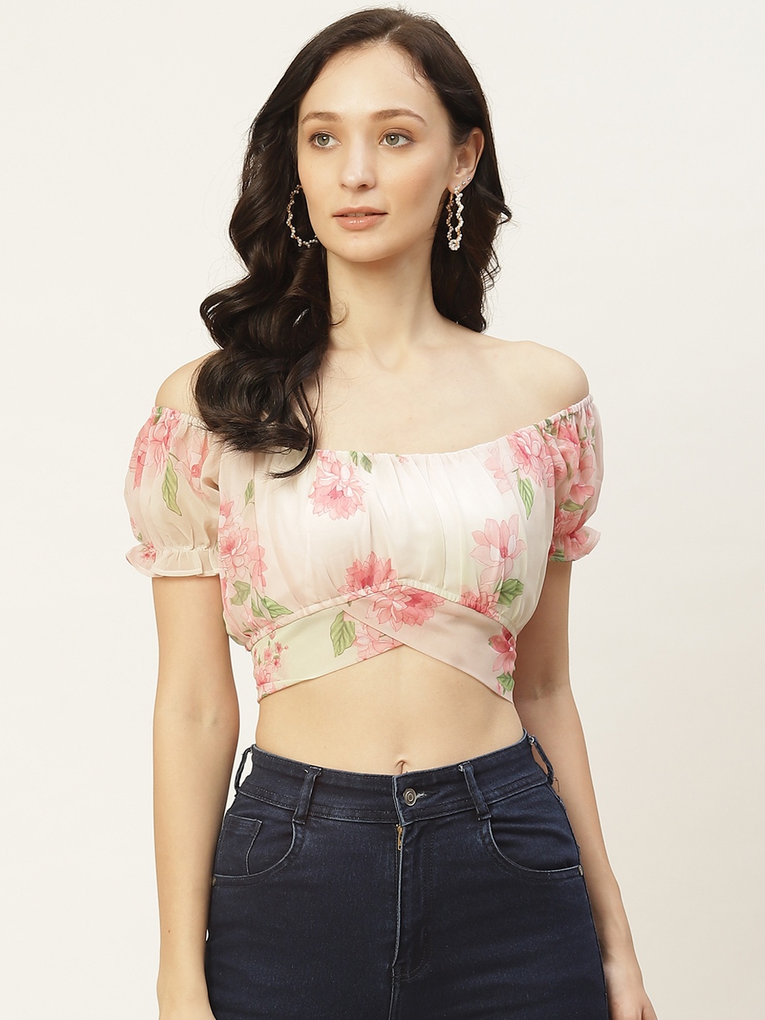 

Aayna Pink & Green Floral Georgette Blouson Crop Top With Knot