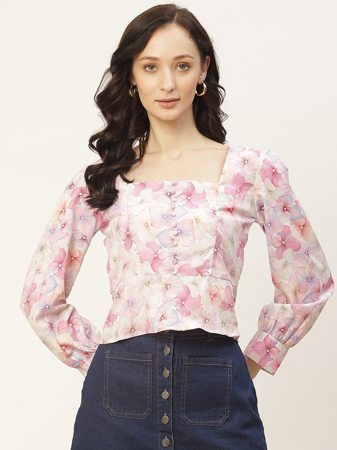 

Aayna Pink & Yellow Floral Crepe Cinched Waist Top