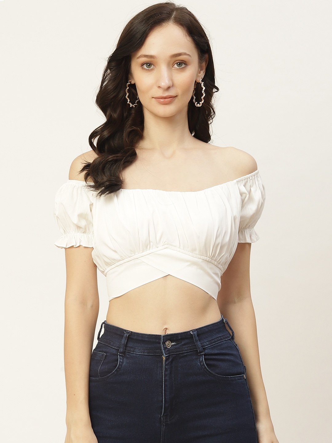 

Aayna White Off-Shoulder Crepe Blouson Crop Top With Knot