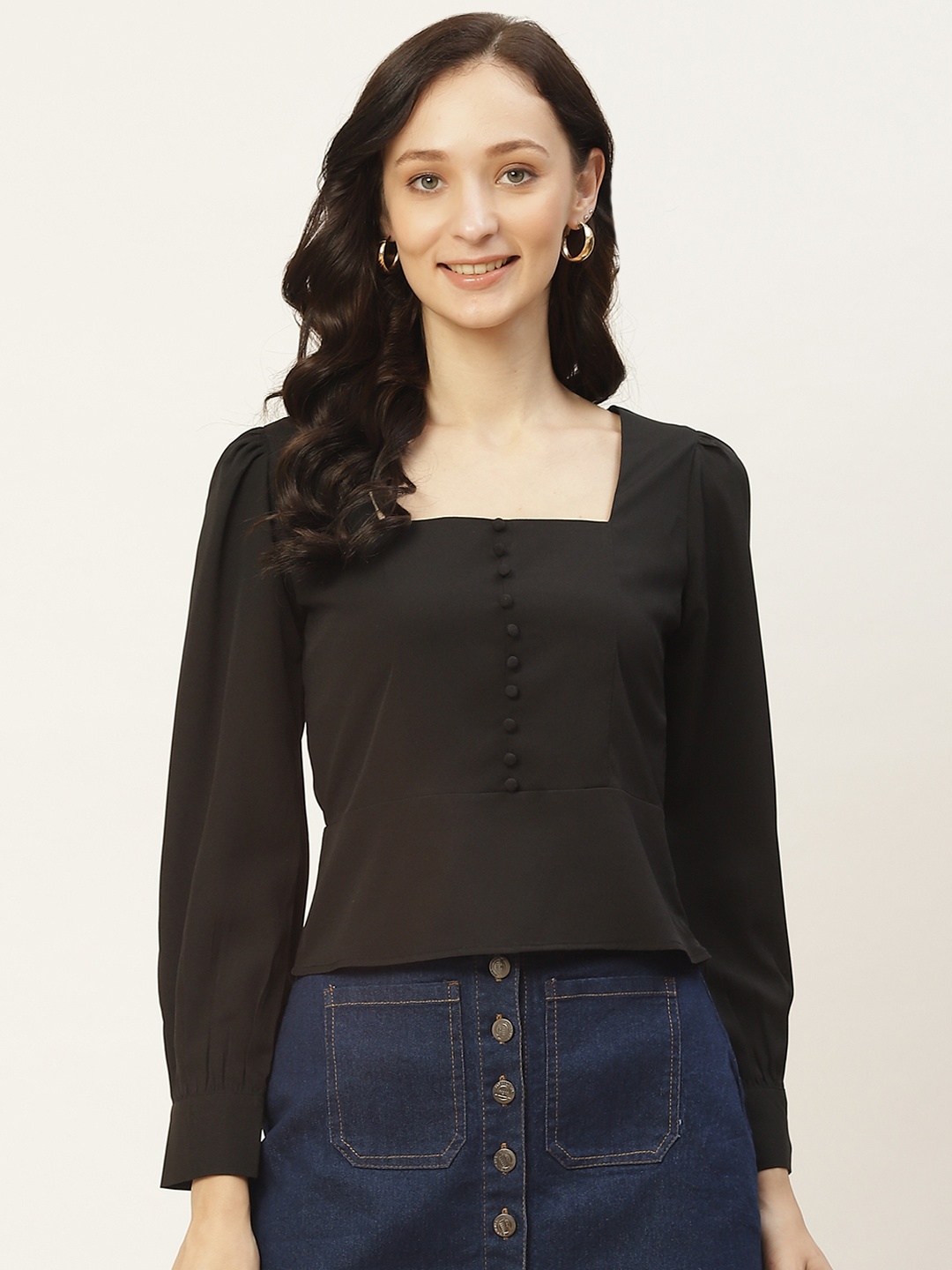 

Aayna Black Crepe Cinched Waist Top