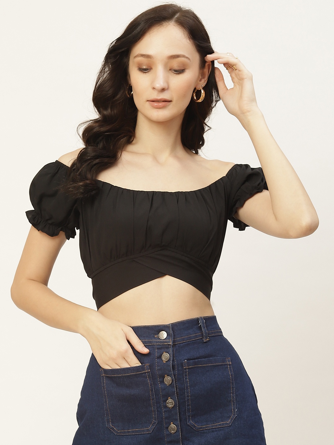 

Aayna Black Off-Shoulder Crepe Blouson Crop Top with Knot