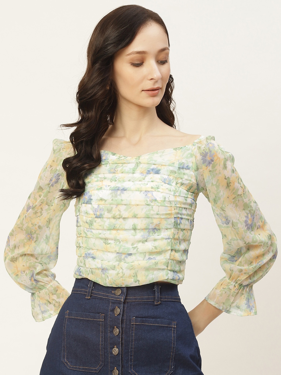 

Aayna Green & Yellow Floral Sweetheart Neck Chiffon Boxy Pleated Crop Top