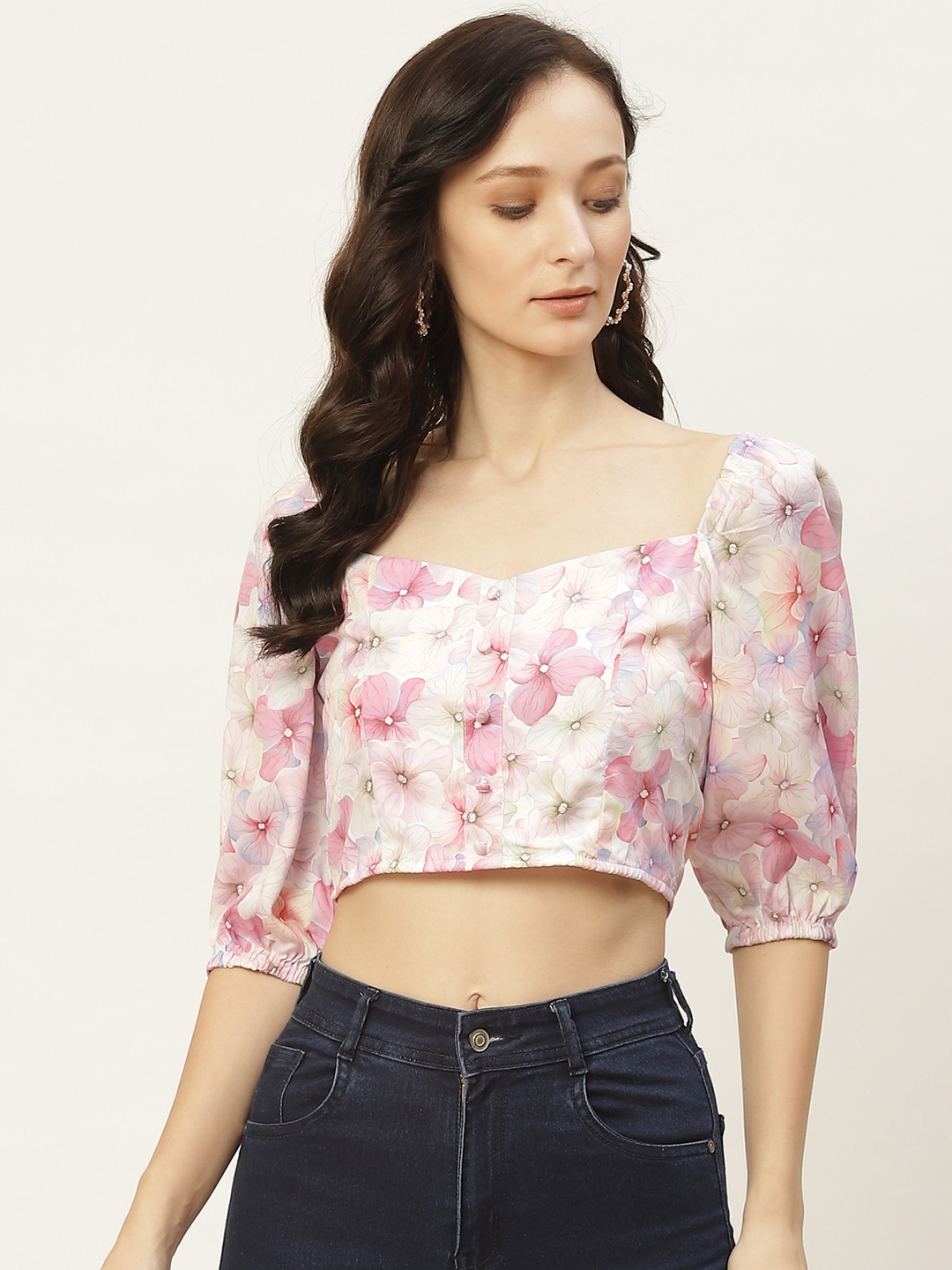 

Aayna Pink & White Floral Crepe Blouson Smocked Crop Top