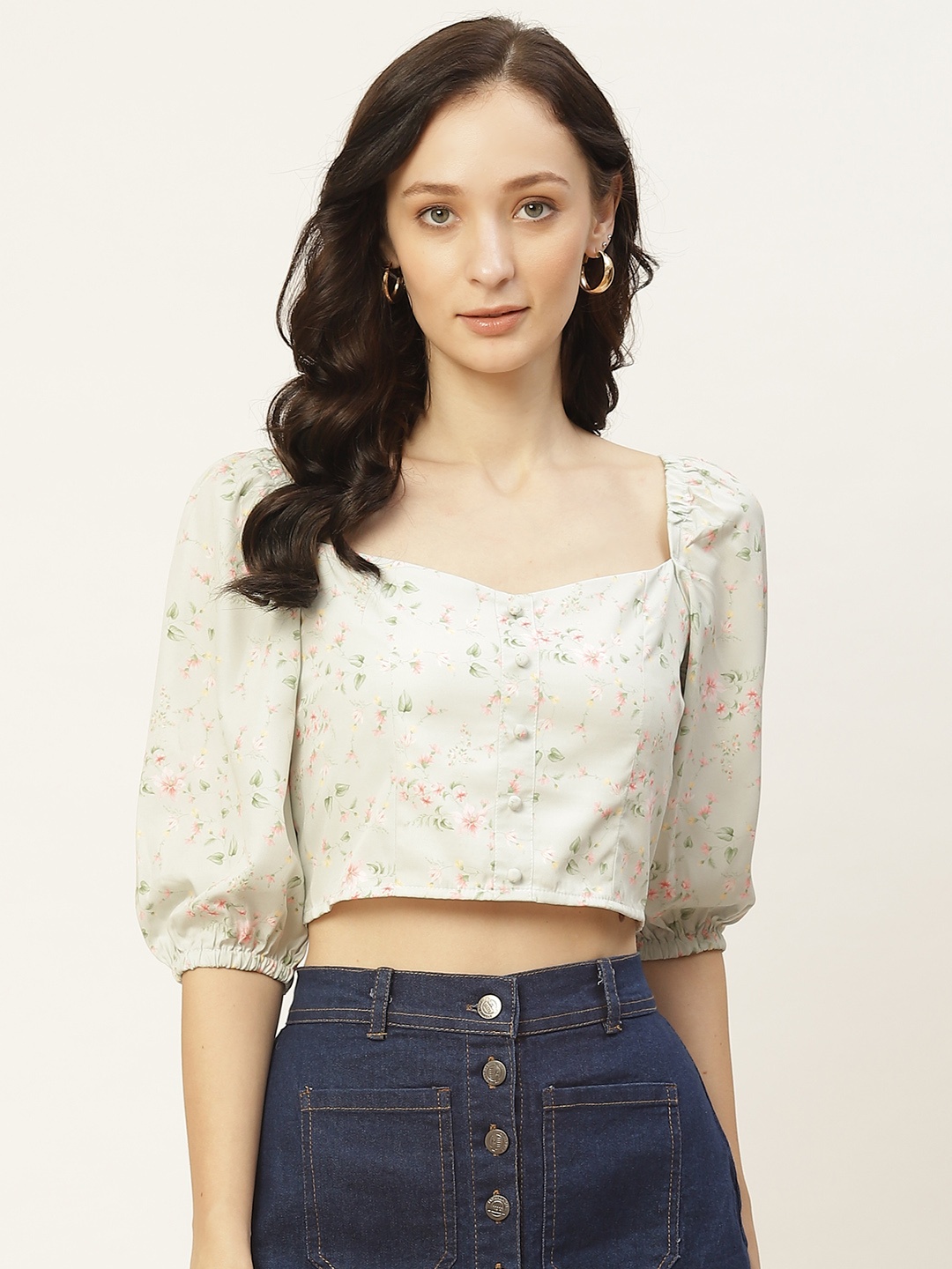 

Aayna Green & Pink Floral Crepe Boxy Smocked Crop Top