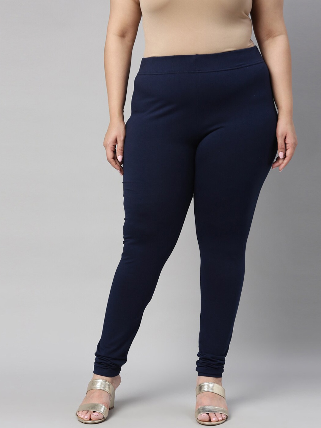 

Go Colors Women Navy Blue Solid Cotton Plus Size Churidar-Length Leggings