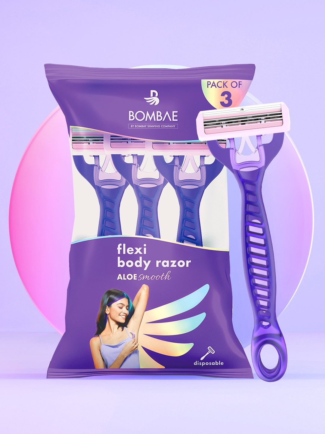 

BOMBAE Women Set Of 3 Reusable Flexi Body Hair Removal Razor With Aloe Vera, Purple