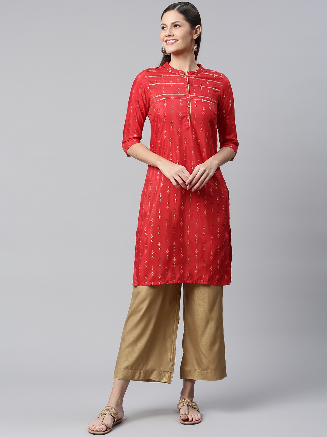 

AURELIA Women Red Ethnic Motifs Printed Sequinned Kurta with Palazzos