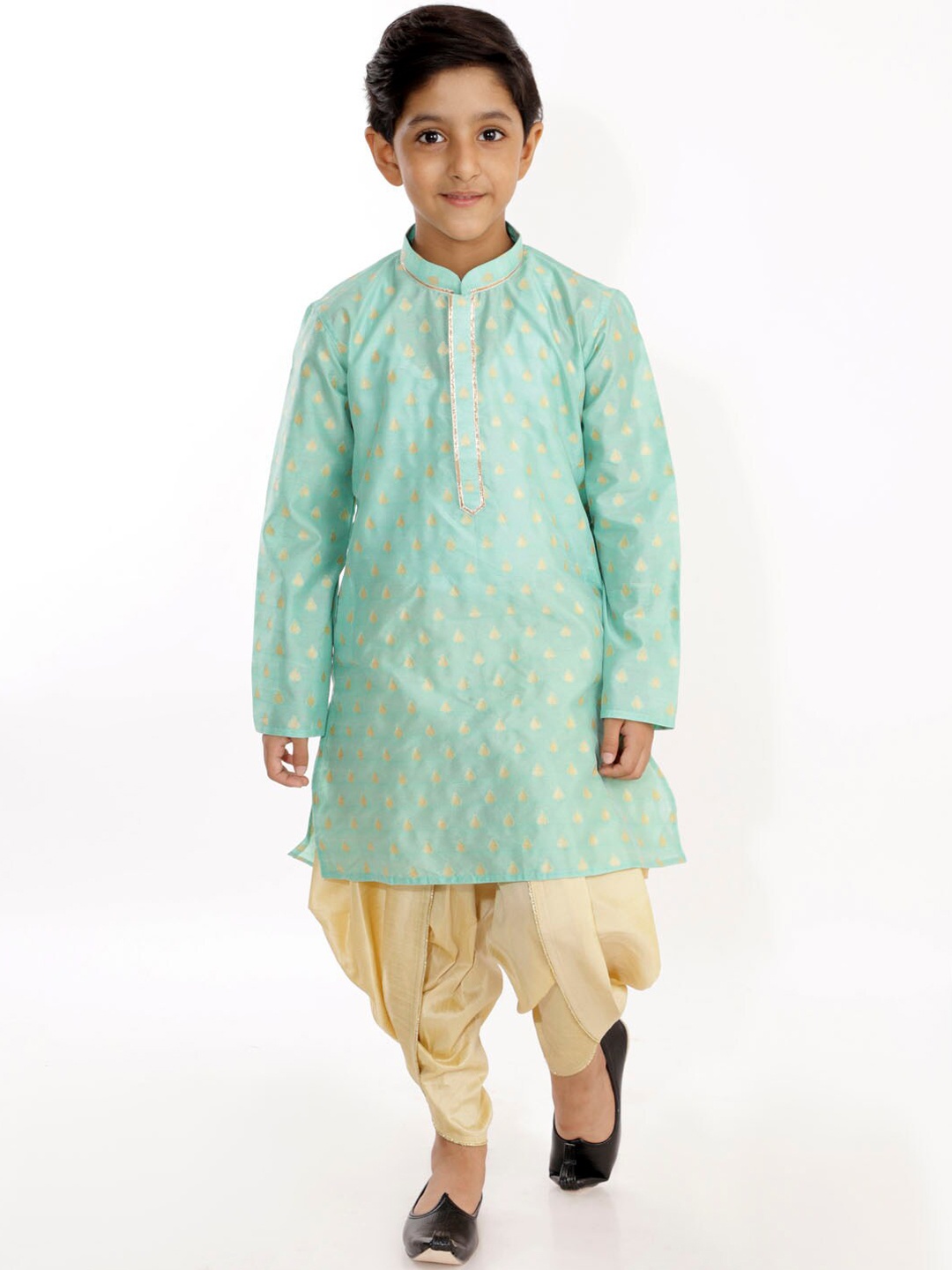 

YK Boys Green & Gold Ethnic Motifs Silk Blend Kurta and Dhoti Set