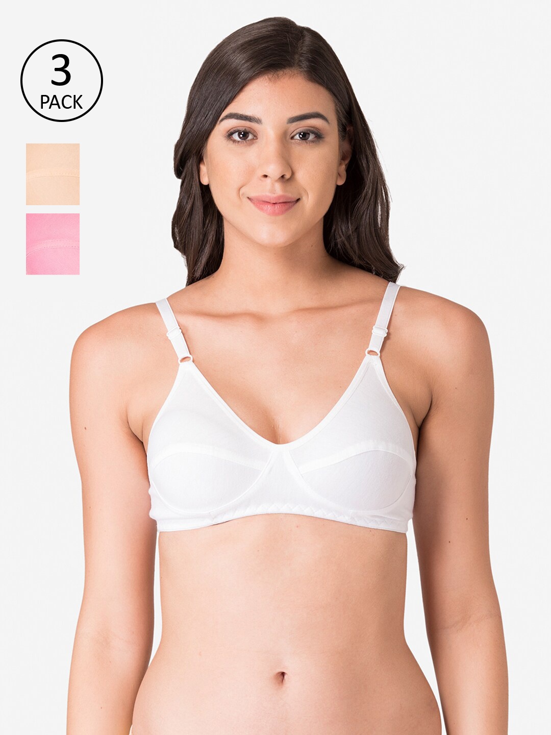 

KOMLI Women Pack of 3 White Pink& Beige Ful Coverage T-shirt Bra-K-9116-3PC-WH-SK-BPK